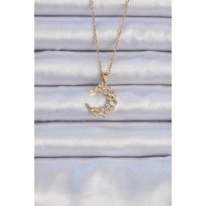316L Çelik Zincir Altın Renk Zirkon Taşlı Ay Kolye