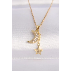 316L Çelik Zincir Altın Renk Zirkon Taşlı Ay Yıldız Kolye