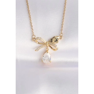 316L Çelik Zincir Altın Renk Zirkon Taşlı Damla Detay Fiyonk Kolye