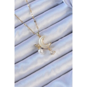 316L Çelik Zincir Altın Renk Zirkon Taşlı Kelebekli Mineli Ay Kolye