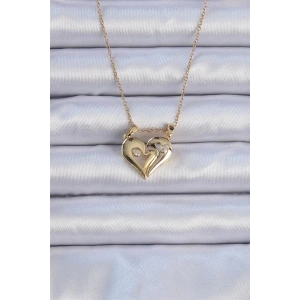 316L Çelik Zincir Altın Renk Zirkon Taşlı Mıknatıslı Kalp Kolye