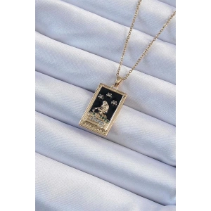 316L Çelik Zincir Altın Renk Zirkon Taşlı Siyah Mineli Kız Figürlü Tarot Kolye