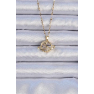 316L Çelik Zincir Altın Renk Zirkon Taşlı Yıldızlı Satürn Kolye