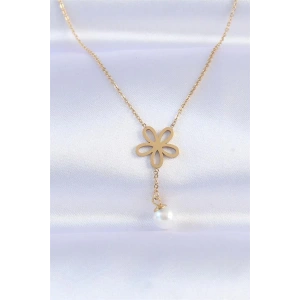 316L Çelik Zincir Gold Renk İnci Detay Çiçek Kolye