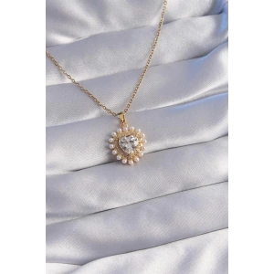 316L Çelik Zincir Gold Renk İncili Zirkon Taşlı Kalp Tasarımlı Kolye