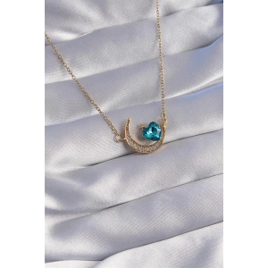 316L Çelik Zincir Gold Renk Mavi Zirkon Taşlı Ay Tasarımlı Kolye