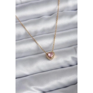316L Çelik Zincir Gold Renk Pembe Zirkon Taşlı Charm Kadın Kolye