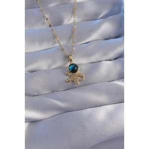 316L Çelik Zincir Gold Renk Zirkon Taşlı Astronot Figürlü Gezegen Kolye