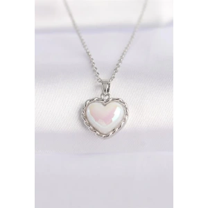 316L Çelik Zincir Gümüş Renk Beyaz Taşlı Bombeli Kalp Kolye