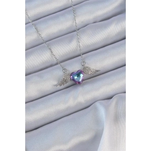 316L Çelik Zincir Gümüş Renk Mavi Mor Zirkon Taşlı Kanatlı Kalp Kolye