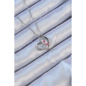 316L Çelik Zincir Gümüş Renk Mineli Kelebek Figür Zirkon Taşlı Kalp Kolye