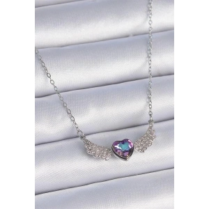 316L Çelik Zincir Gümüş Renk Mor Zirkon Taşlı Kanatlı Kalp Model Kadın Kolye