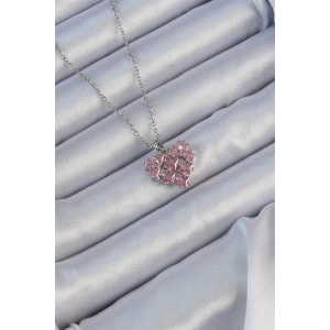 316L Çelik Zincir Gümüş Renk Pembe Parçalı Zirkon Taşlı Kalp Kolye