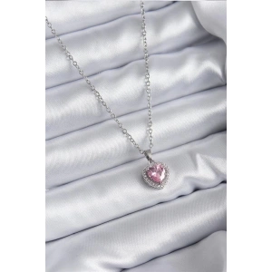316L Çelik Zincir Gümüş Renk Pembe Zirkon Taş Charm Model Kadın Kolye