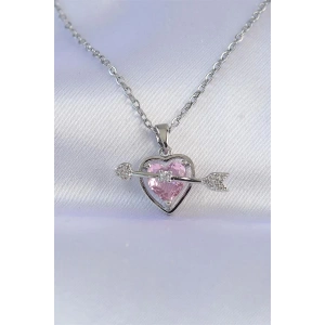 316L Çelik Zincir Gümüş Renk Pembe Zirkon Taşlı Eros Kolye
