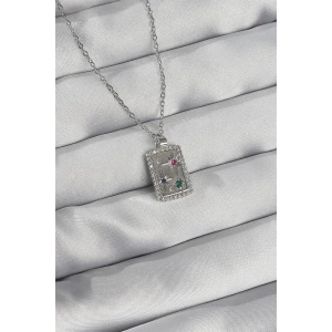 316L Çelik Zincir Gümüş Renk Renkli Zirkon Taşlı Vintage Kolye