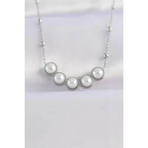 316L Çelik Zincir Gümüş Renk Sıralı İnci Taşlı Kolye