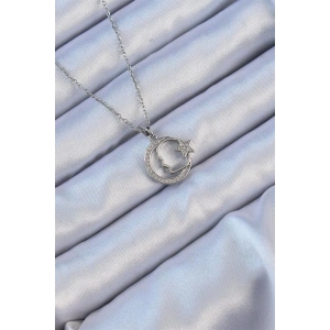 316L Çelik Zincir Gümüş Renk Zirkon Taşlı Ay Yıldız Simgeli Atatürk Kolye