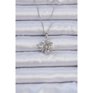 316L Çelik Zincir Gümüş Renk Zirkon Taşlı Çiçek Kolye