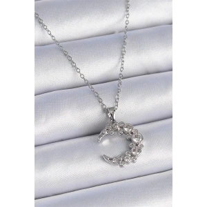 316L Çelik Zincir Gümüş Renk Zirkon Taşlı Hilal Model Kadın Kolye