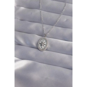 316L Çelik Zincir Gümüş Renk Zirkon Taşlı Kabartmalı Kutup Yıldızı Kolye