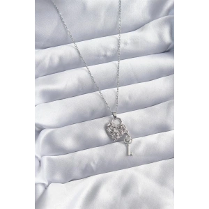 316L Çelik Zincir Gümüş Renk Zirkon Taşlı Kalp & Anahtar Model Kadın Kolye