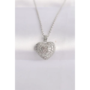 316L Çelik Zincir Gümüş Renk Zirkon Taşlı Kalp Kolye