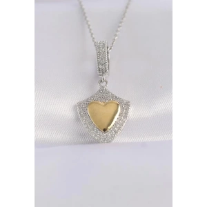 316L Çelik Zincir Gümüş Renk Zirkon Taşlı Tasarım Altın Renk Kalp Kolye