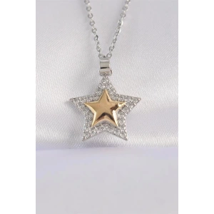 316L Çelik Zincir Gümüş Renk Zirkon Taşlı Tasarım Altın Renk Yıldız Kolye