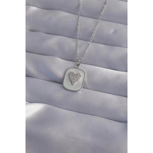 316L Çelik Zincir Mermer Desenli Gümüş Renk Zirkon Taşlı Kalp Model Kolye