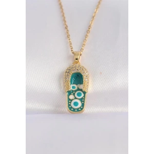 316L Çelik Zincir Zirkon Taşlı Altın Renk Nazarlı Terlik Tasarımlı Kolye