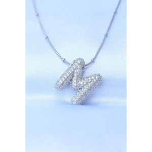 316L Çelik Zincirli Zirkon Taşlı M Harfli Gümüş Renk Bubble Kolye