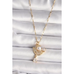 316L Gold Renk Zirkon Taşlı Ay Yıldız Model Sallantı Detay Kadın Kolye