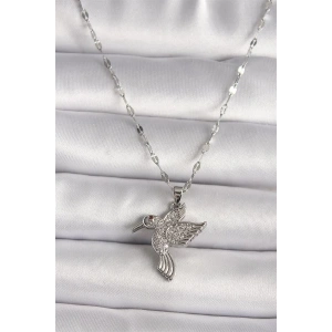 316L Gümüş Renk Zirkon Taşlı Sinek Kuşu Model Kadın Kolye