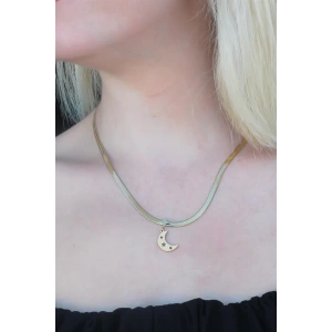 316L Kararmaz Çelik Gold Renk İtalyan Zincirli Hilal Model Kadın Kolye