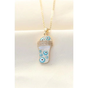 316L Zinciri Çelik Zirkon Taşlı Gold Renk Nazar Boncuklu Terlik Kolye