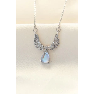 316L Zinciri Çelik Zirkon Taşlı Gümüş Renk Kanatlı Damla Kolye