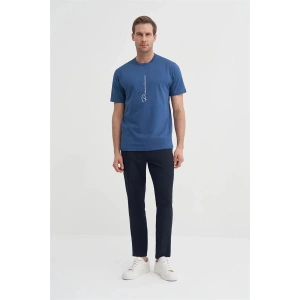 4091 Yazı Baskılı Bisiklet Yaka Erkek T-Shirt Indigo