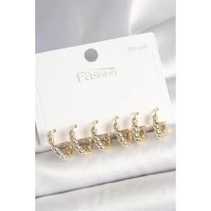 925 Ayar Gümüş Çivi Pirinç Gold Renk Sarmal Halka Model Kadın Küpe Seti