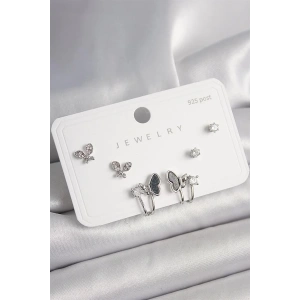 925 Ayar Gümüş Çivi Pirinç Gümüş Renk Zirkon Taşlı Kelebek Model Kadın Küpe Seti