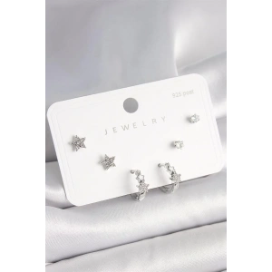 925 Ayar Gümüş Çivi Pirinç Gümüş Renk Zirkon Taşlı Yıldız Model Kadın Küpe Seti