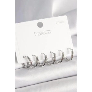 925 Ayar Gümüş Çivi Pirinç Oval Halka Model Kadın Küpe Seti