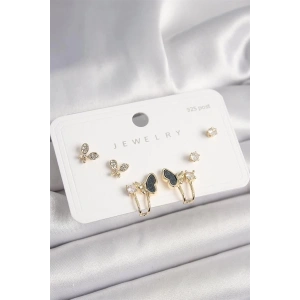 925 Ayar Gümüş Çivi Pirinç Zirkon Taşlı Kelebek Model Kadın Küpe Seti