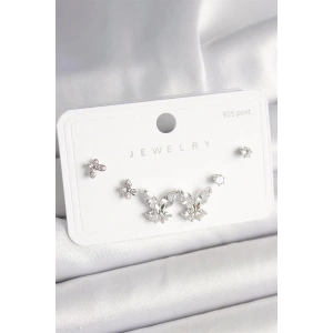 925 Ayar Gümüş Çivi Pirinç Zirkon Taşlı Kelebek Model Kadın Küpe Seti