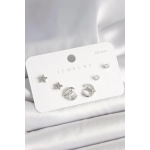 925 Ayar Gümüş Çivi Zirkon Taşlı Hilal Yıldız Model Kadın Küpe Seti