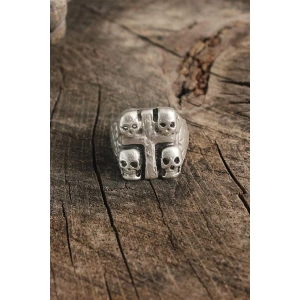 Antik Gümüş Renk Haç Kuru Kafa İşleme Ayarlanabilir Erkek Yüzük