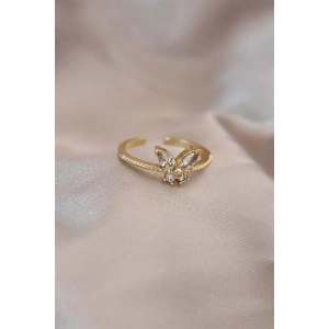 Ayarlamalı Altın Renk Metal Zirkon Taş ve Kristal Taşlı Kelebek Model Yüzük