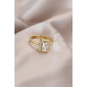 Ayarlamalı Gold Renk Metal Zirkon ve Kristal Taşlı Dikdörtgen Model Yüzük
