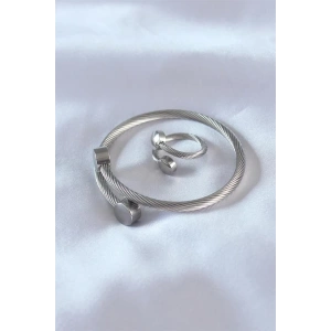 Çelik Gümüş Renk Sıkı Burgu Model Erkek Bileklik Yüzük Seti
