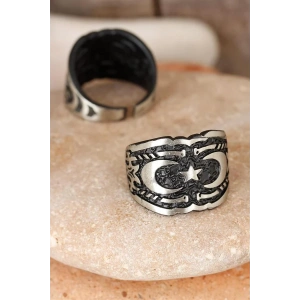 Çift Hilal Figürlü Kare Füme Gri Renk Ayarlamalı Erkek Yüzük